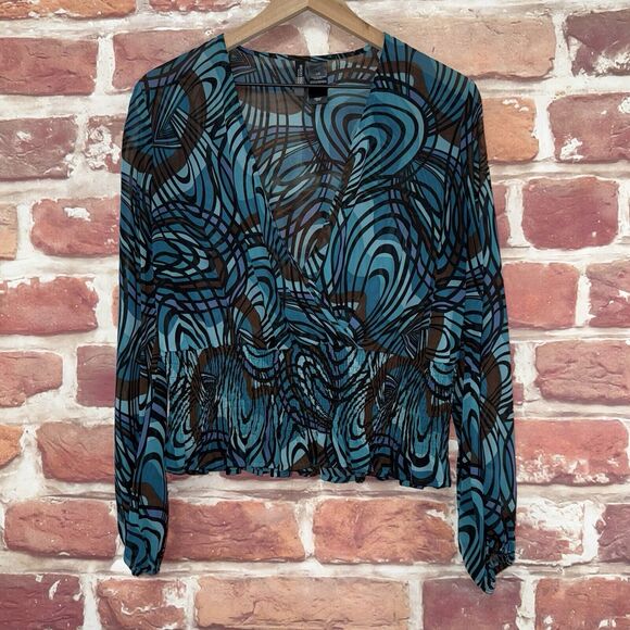 Bisou Bisou Top Shirt Women's Large Blue Multicolor Abstract Surplice Wrap - Picture 1 of 8